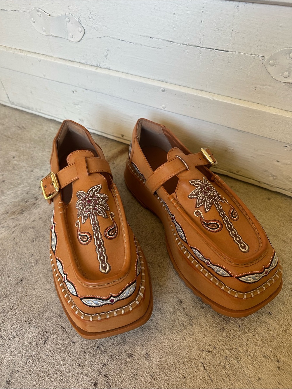 FARM Rio Tan Embroidered Palm Platform Loafers